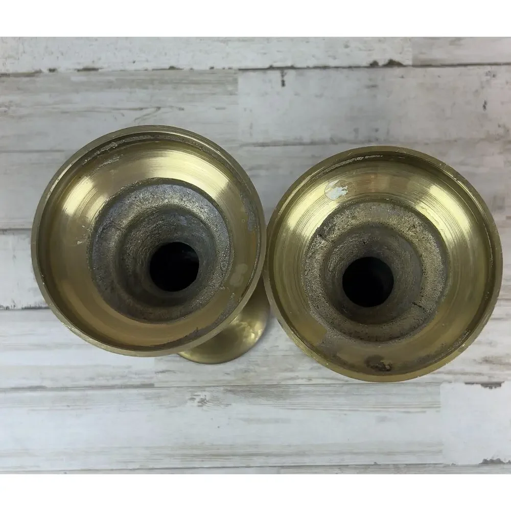 Pair Heavy Solid Brass Taper Candle Holders Traditional Gold Tone 9.5